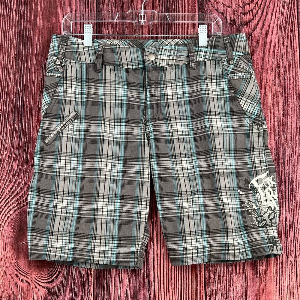 Fox Racing Women's Plaid Shorts Size Large Gray/Blue/White